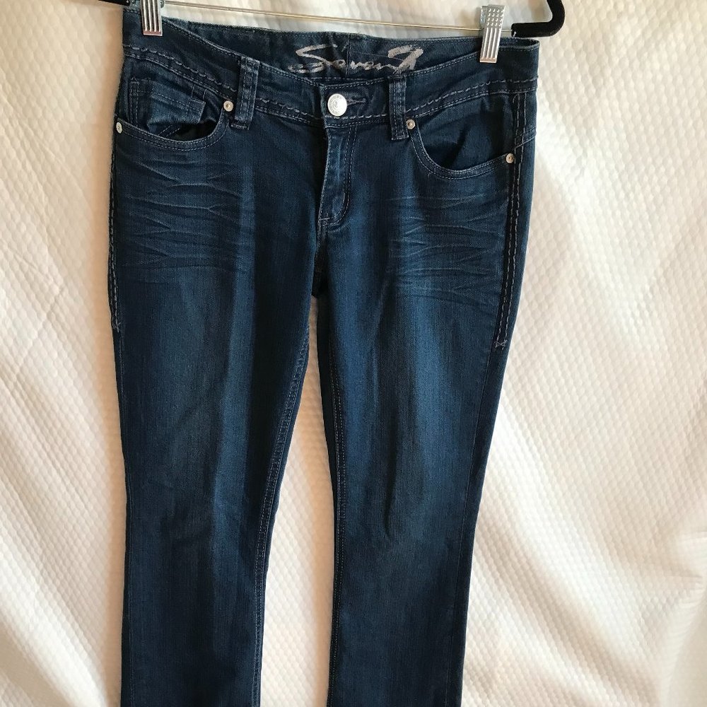 SEVEN7 WOMEN JEANS SZ JR 27" SLIM BOOT CUT STRETCH EMBELISHED POCKET EUC